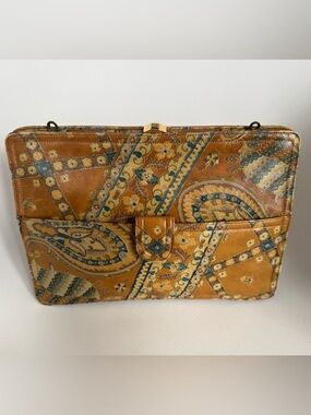 Vintage Paisley Print Leather Clutch in Camel Yellow